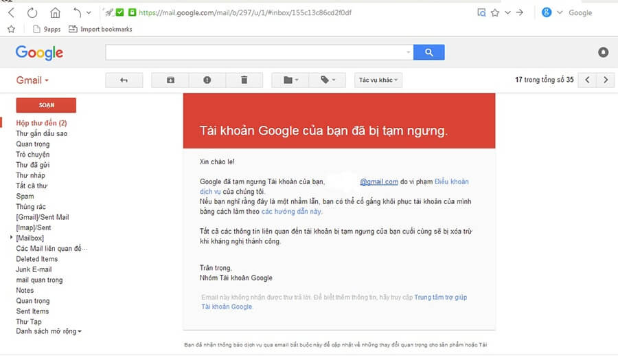 Mail thông báo tài khoản Google bị tạm ngưng 