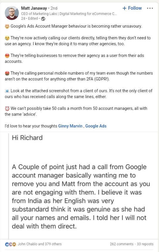 Người quản lý tài khoản Google Ads không nên liên hệ trực tiếp với khách hàng